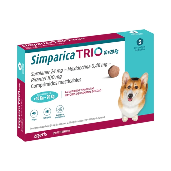 Simparica Trio 10 a 20 kilos x3 comprimidos